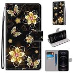 For iPhone 12 / 12 Pro Coloured Drawing Cross Texture Horizontal Flip PU Leather Case with Holder & Card Slots & Wallet & Lanyard(Gold Diamond Butterfly)