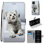 For iPhone 12 / 12 Pro Coloured Drawing Cross Texture Horizontal Flip PU Leather Case with Holder & Card Slots & Wallet & Lanyard(Small Gray Cat)