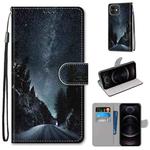 For iPhone 12 / 12 Pro Coloured Drawing Cross Texture Horizontal Flip PU Leather Case with Holder & Card Slots & Wallet & Lanyard(Mountain Road Starry Sky)