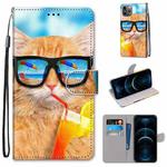 For iPhone 12 Pro Max Coloured Drawing Cross Texture Horizontal Flip PU Leather Case with Holder & Card Slots & Wallet & Lanyard(Cat Drinking Soda)