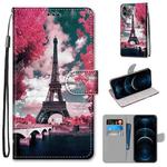For iPhone 12 Pro Max Coloured Drawing Cross Texture Horizontal Flip PU Leather Case with Holder & Card Slots & Wallet & Lanyard(Pink Flower Tower Bridge)