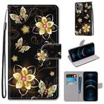 For iPhone 12 Pro Max Coloured Drawing Cross Texture Horizontal Flip PU Leather Case with Holder & Card Slots & Wallet & Lanyard(Gold Diamond Butterfly)