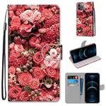 For iPhone 12 Pro Max Coloured Drawing Cross Texture Horizontal Flip PU Leather Case with Holder & Card Slots & Wallet & Lanyard(Pink Rose Garden)