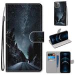 For iPhone 12 Pro Max Coloured Drawing Cross Texture Horizontal Flip PU Leather Case with Holder & Card Slots & Wallet & Lanyard(Mountain Road Starry Sky)