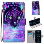 For iPhone 12 Pro Max Coloured Drawing Cross Texture Horizontal Flip PU Leather Case with Holder & Card Slots & Wallet & Lanyard(Tiger Drinking Water)