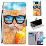 For LG K31 Coloured Drawing Cross Texture Horizontal Flip PU Leather Case with Holder & Card Slots & Wallet & Lanyard(Cat Drinking Soda)