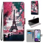 For LG K31 Coloured Drawing Cross Texture Horizontal Flip PU Leather Case with Holder & Card Slots & Wallet & Lanyard(Pink Flower Tower Bridge)