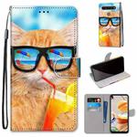 For LG K61 Coloured Drawing Cross Texture Horizontal Flip PU Leather Case with Holder & Card Slots & Wallet & Lanyard(Cat Drinking Soda)