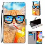 For LG Velvet Coloured Drawing Cross Texture Horizontal Flip PU Leather Case with Holder & Card Slots & Wallet & Lanyard(Cat Drinking Soda)