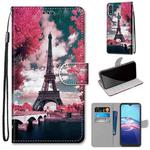 For Motorola Moto E (2020) Coloured Drawing Cross Texture Horizontal Flip PU Leather Case with Holder & Card Slots & Wallet & Lanyard(Pink Flower Tower Bridge)