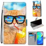 For Motorola Moto G Power (2020) Coloured Drawing Cross Texture Horizontal Flip PU Leather Case with Holder & Card Slots & Wallet & Lanyard(Cat Drinking Soda)