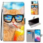 For Alcatel 3X 2020 Coloured Drawing Cross Texture Horizontal Flip PU Leather Case with Holder & Card Slots & Wallet & Lanyard(Cat Drinking Soda)