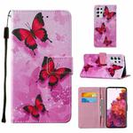 For Samsung Galaxy S21 Ultra 5G Cross Texture Painting Pattern Horizontal Flip Leather Case with Holder & Card Slots & Wallet & Lanyard(Pink Butterflies)