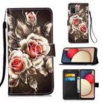 For Samsung Galaxy A02s (European Version) Colored Drawing Pattern Plain Weave Horizontal Flip Leather Case with Holder & Card Slot & Wallet & Lanyard(Roses On Black)