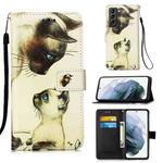 For Samsung Galaxy S21+ 5G Colored Drawing Pattern Plain Weave Horizontal Flip Leather Case with Holder & Card Slot & Wallet & Lanyard(Cat Looking)