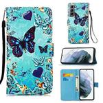 For Samsung Galaxy S21 5G Colored Drawing Pattern Plain Weave Horizontal Flip Leather Case with Holder & Card Slot & Wallet & Lanyard(Caring Butterfly)