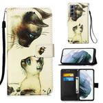 For Samsung Galaxy S21 5G Colored Drawing Pattern Plain Weave Horizontal Flip Leather Case with Holder & Card Slot & Wallet & Lanyard(Cat Looking)