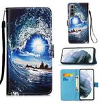 For Samsung Galaxy S21 5G Colored Drawing Pattern Plain Weave Horizontal Flip Leather Case with Holder & Card Slot & Wallet & Lanyard(Waves And Sun)