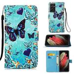 For Samsung Galaxy S21 Ultra 5G Colored Drawing Pattern Plain Weave Horizontal Flip Leather Case with Holder & Card Slot & Wallet & Lanyard(Caring Butterfly)