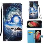 For Samsung Galaxy S21 Ultra 5G Colored Drawing Pattern Plain Weave Horizontal Flip Leather Case with Holder & Card Slot & Wallet & Lanyard(Waves And Sun)