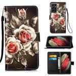 For Samsung Galaxy S21 Ultra 5G Colored Drawing Pattern Plain Weave Horizontal Flip Leather Case with Holder & Card Slot & Wallet & Lanyard(Roses On Black)