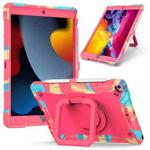 For iPad 10.2 2021 / 2020 / 2019 Contrast Color Shockproof Robot Silicone + PC Case with Wristband Holder(Camouflage + Rose Red)