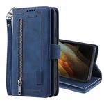 For Samsung Galaxy S21 Ultra 5G Nine Card Zipper Bag Horizontal Flip Leather Case With Holder & Card Slots & Photo Frame & Wallet(Blue)
