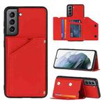 For Samsung Galaxy S21 5G Skin Feel PU + TPU + PC Back Cover Shockproof Case with Card Slots & Holder & Photo Frame(Red)