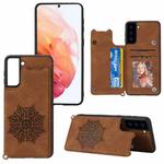 For Samsung Galaxy S21 5G Mandala Embossed PU + TPU Case with Holder & Card Slots & Photo Frame & Strap(Brown)