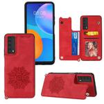 For Huawei Y7a Mandala Embossed PU + TPU Case with Holder & Card Slots & Photo Frame & Strap(Red)