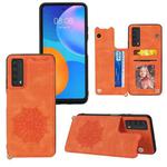 For Huawei Y7a Mandala Embossed PU + TPU Case with Holder & Card Slots & Photo Frame & Strap(Orange)