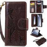 For iPhone 11 Pro Woman and Cat Embossed Horizontal Flip Leather Case, with Wallet & Holder & Card Slots & Photo Frame & Mirror & Lanyard(Brown)