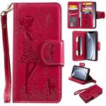 For iPhone 11 Pro Woman and Cat Embossed Horizontal Flip Leather Case, with Wallet & Holder & Card Slots & Photo Frame & Mirror & Lanyard(Red)