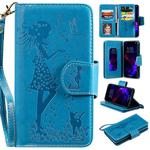 For iPhone 11 Woman and Cat Embossed Horizontal Flip Leather Case, with Wallet & Holder & Card Slots & Photo Frame & Mirror & Lanyard(Blue)