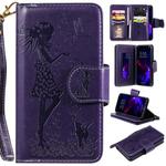 For iPhone 11 Woman and Cat Embossed Horizontal Flip Leather Case, with Wallet & Holder & Card Slots & Photo Frame & Mirror & Lanyard(Purple)
