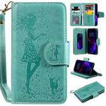 For iPhone 11 Woman and Cat Embossed Horizontal Flip Leather Case, with Wallet & Holder & Card Slots & Photo Frame & Mirror & Lanyard(Green)