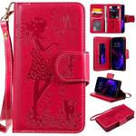 For iPhone 11 Woman and Cat Embossed Horizontal Flip Leather Case, with Wallet & Holder & Card Slots & Photo Frame & Mirror & Lanyard(Red)