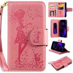 For iPhone 11 Woman and Cat Embossed Horizontal Flip Leather Case, with Wallet & Holder & Card Slots & Photo Frame & Mirror & Lanyard(Pink)