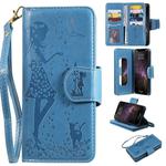 For iPhone 11 Pro Max Woman and Cat Embossed Horizontal Flip Leather Case, with Wallet & Holder & Card Slots & Photo Frame & Mirror & Lanyard(Blue)