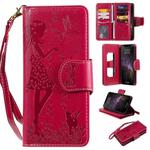 For iPhone 11 Pro Max Woman and Cat Embossed Horizontal Flip Leather Case, with Wallet & Holder & Card Slots & Photo Frame & Mirror & Lanyard(Red)