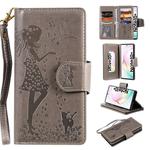 For Galaxy Note 10 Plus Woman and Cat Embossed Horizontal Flip Leather Case, with Wallet & Holder & Card Slots & Photo Frame & Mirror & Lanyard(Grey)