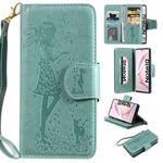 For Galaxy Note 10 Woman and Cat Embossed Horizontal Flip Leather Case, with Wallet & Holder & Card Slots & Photo Frame & Mirror & Lanyard(Green)
