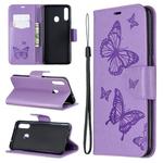 For Galaxy A20s Two Butterflies Embossing Pattern Horizontal Flip Leather Case with Holder & Card Slot & Wallet & Lanyard(Purple)
