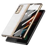 For Samsung Galaxy Z Fold2 5G GKK Foldable Plating Leather + Glass Full Coverage Case(White+Gold)