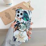 For iPhone 11 Shockproof IMD TPU Protective Case with Folding Holder (Banana Leaves White Flower)