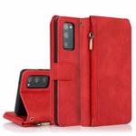 For Samsung Galaxy S20 FE 5G Skin-feel Crazy Horse Texture Zipper Wallet Bag Horizontal Flip Leather Case with Holder & Card Slots & Wallet & Lanyard(Red)