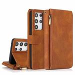 For Samsung Galaxy S21 Ultra 5G Skin-feel Crazy Horse Texture Zipper Wallet Bag Horizontal Flip Leather Case with Holder & Card Slots & Wallet & Lanyard(Brown)