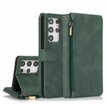 For Samsung Galaxy S21 Ultra 5G Skin-feel Crazy Horse Texture Zipper Wallet Bag Horizontal Flip Leather Case with Holder & Card Slots & Wallet & Lanyard(Dark Green)