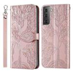 For Samsung Galaxy S21 5G Life of Tree Embossing Pattern Horizontal Flip Leather Case with Holder & Card Slot & Wallet & Photo Frame & Lanyard(Rose Gold)