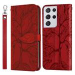For Samsung Galaxy S21 Ultra 5G Life of Tree Embossing Pattern Horizontal Flip Leather Case with Holder & Card Slot & Wallet & Photo Frame & Lanyard(Red)